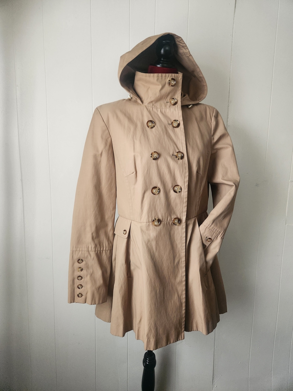 Calvin Klein Tan Hooded Double-Breasted Peplum Trench Coat Size Large Chic